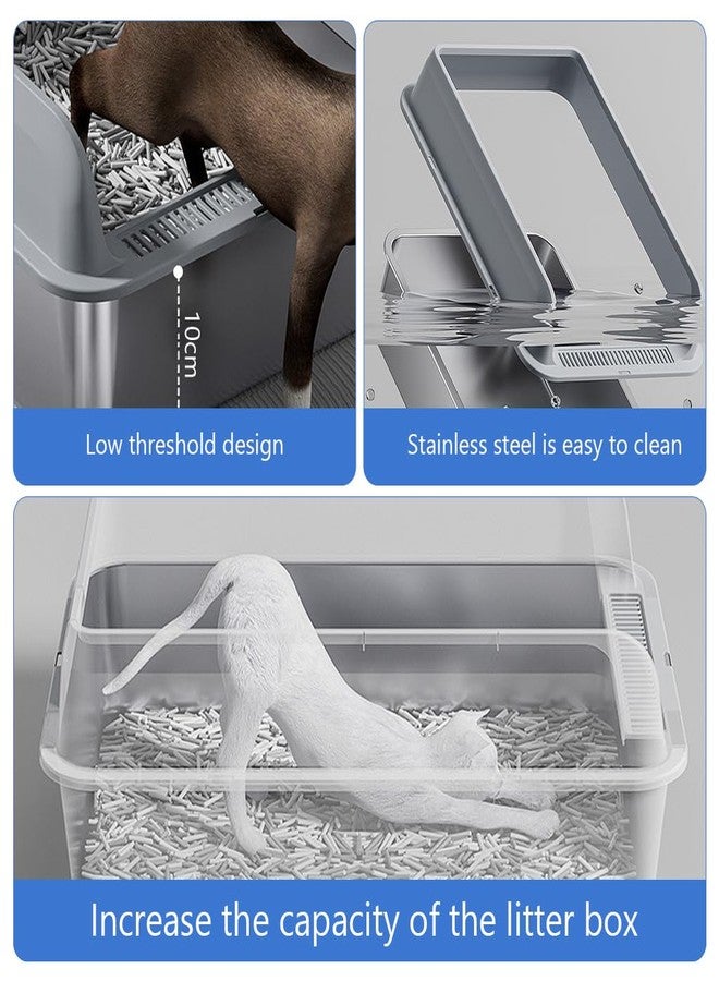 Qpets® Open Top Stainless Steel Cat Litter Box Easy to Clean with Anti-Tip Design Includes Scoop & 4 Non-Slip Mats High Wall Cat Toilet for Odor Control (50x35x20cm, for Under 10kg Cats) - Image 5